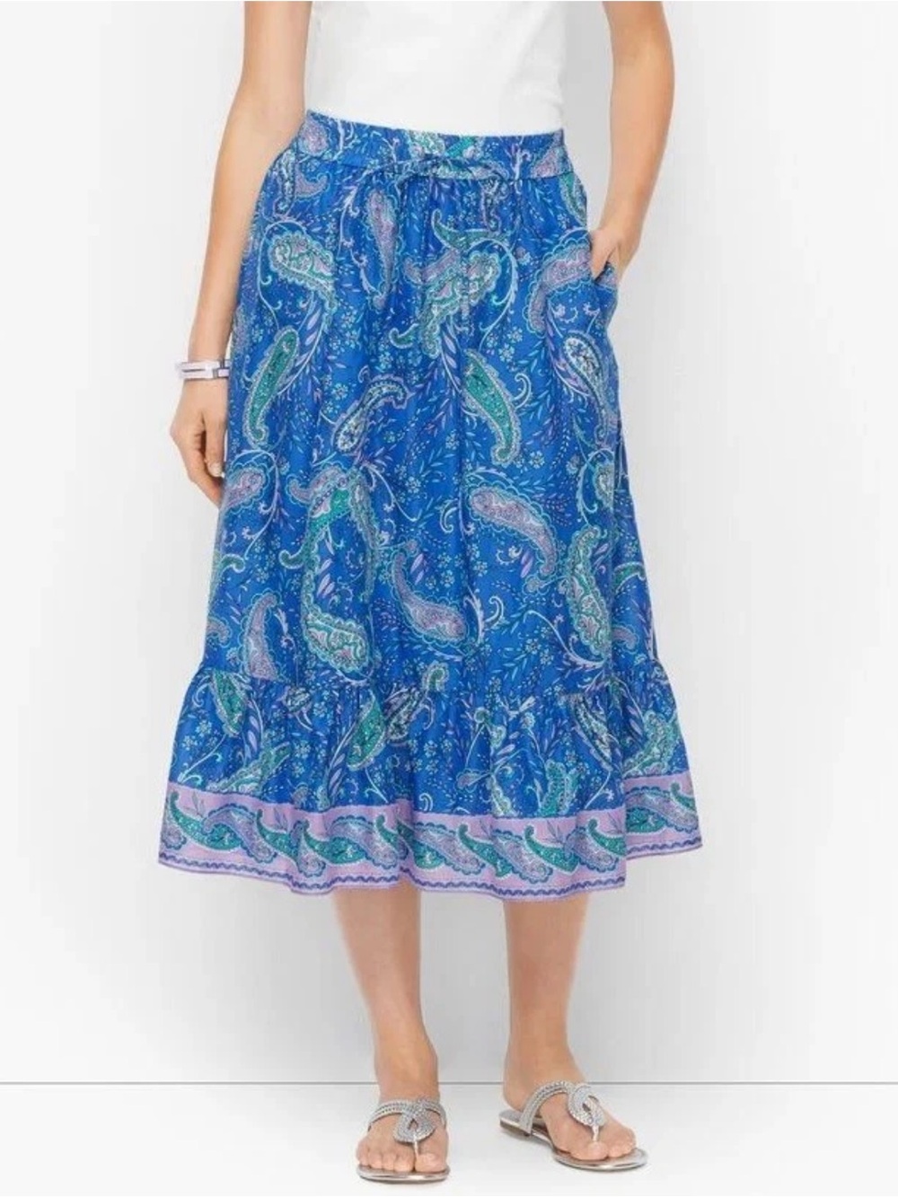 Talbots Blue Paisley Cotton Tiered Midi Skirt Elastic Waist Ruffle Hem Medium